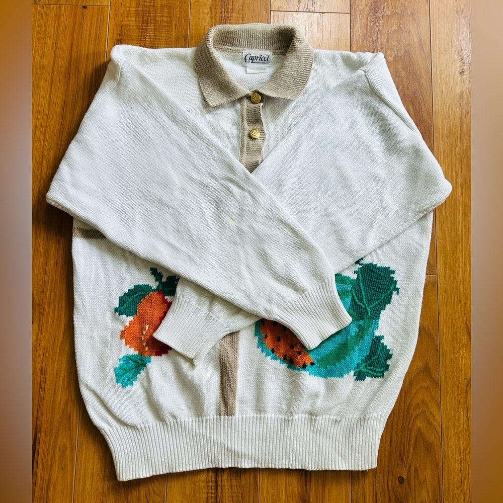 80s Vintage Capricci Knitwear Fruit Patterned Cream Sweater - Picture 8 of 16